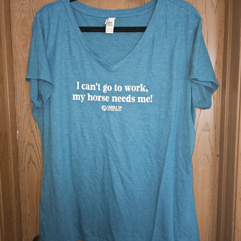 Saddle Up Co Teal V-Neck Tee with Horse Slogan Funny Horse Quote